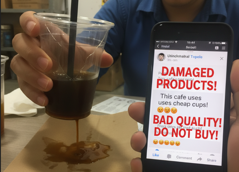 Brand Damage from Poor Packaging A social media post showing a customer complaining about a leaking cup
