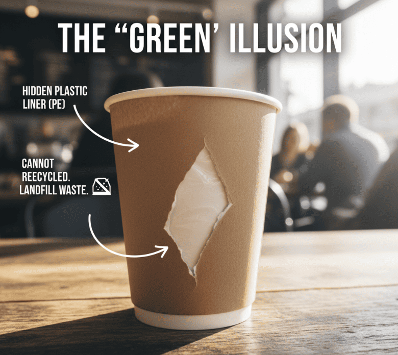 PE a Lining in Paper Coffee Cup A close-up view showing the plastic lining inside a paper coffee cup.