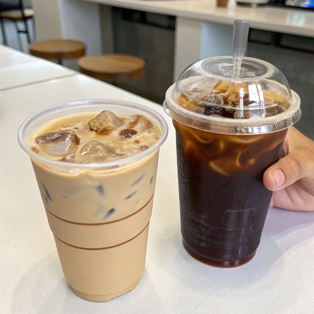 A colorful layered smoothie in a clear PET cup.