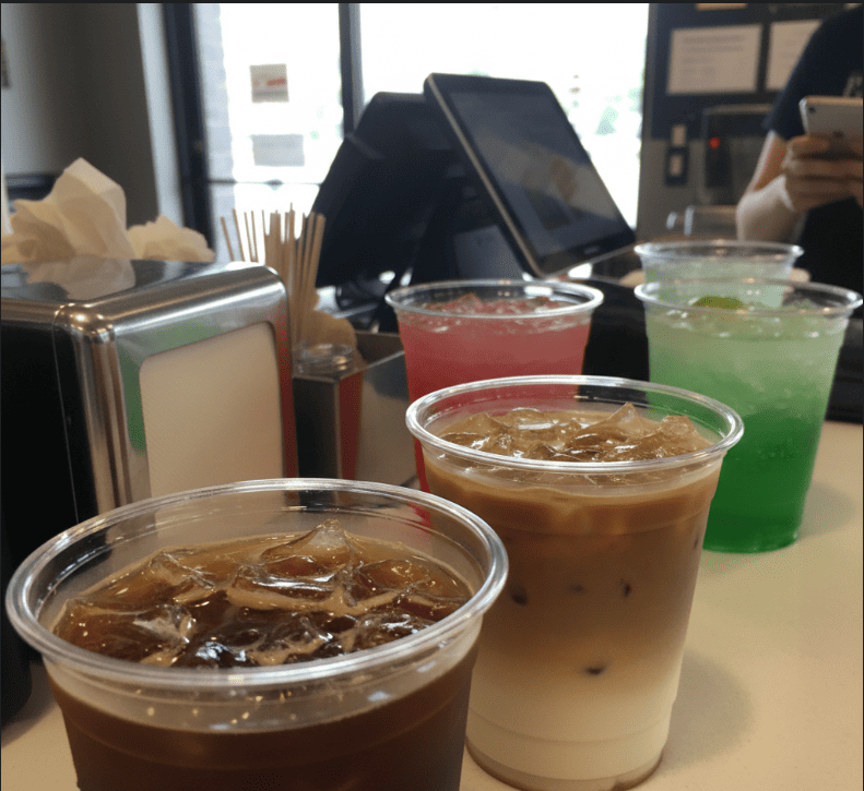 A close-up of a layered iced macchiato in a crystal-clear PET cup