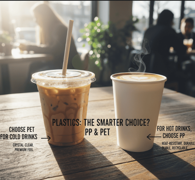 PET and PP Disposable Cups A clear PET cup with iced coffee next to an opaque PP cup for hot drinks.