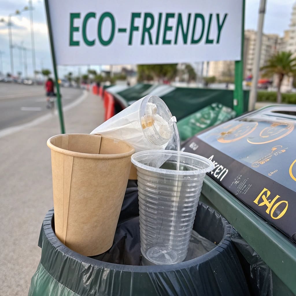 A recycling bin with clear PET plastic bottles and cups.