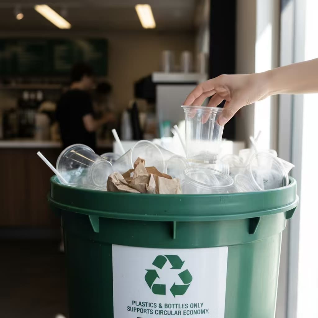 A recycling symbol with clean, empty PET cups in the background
