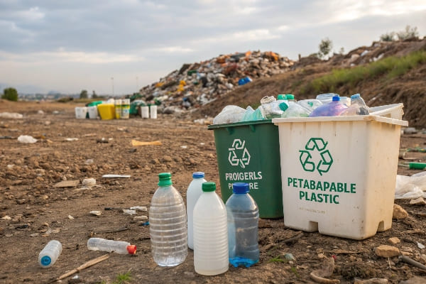 Infographic comparing the lifecycle of a recyclable PET cup versus a compostable PLA cup