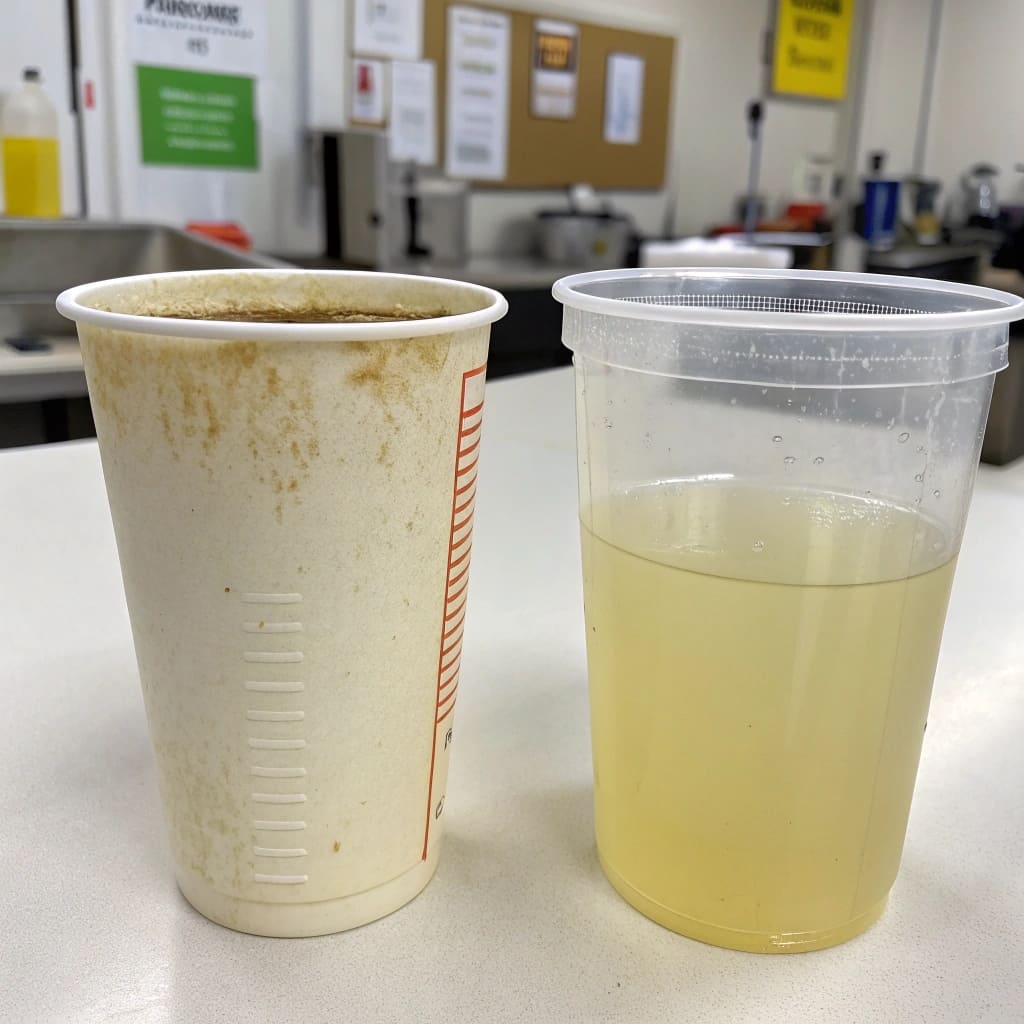 A paper cup and a plastic cup with a question mark between them
