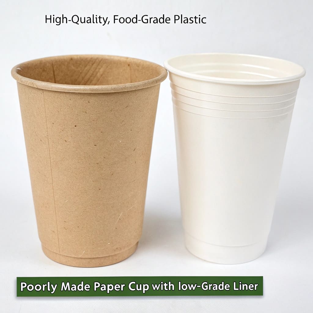 A cross-section of a paper cup showing the inner plastic lining