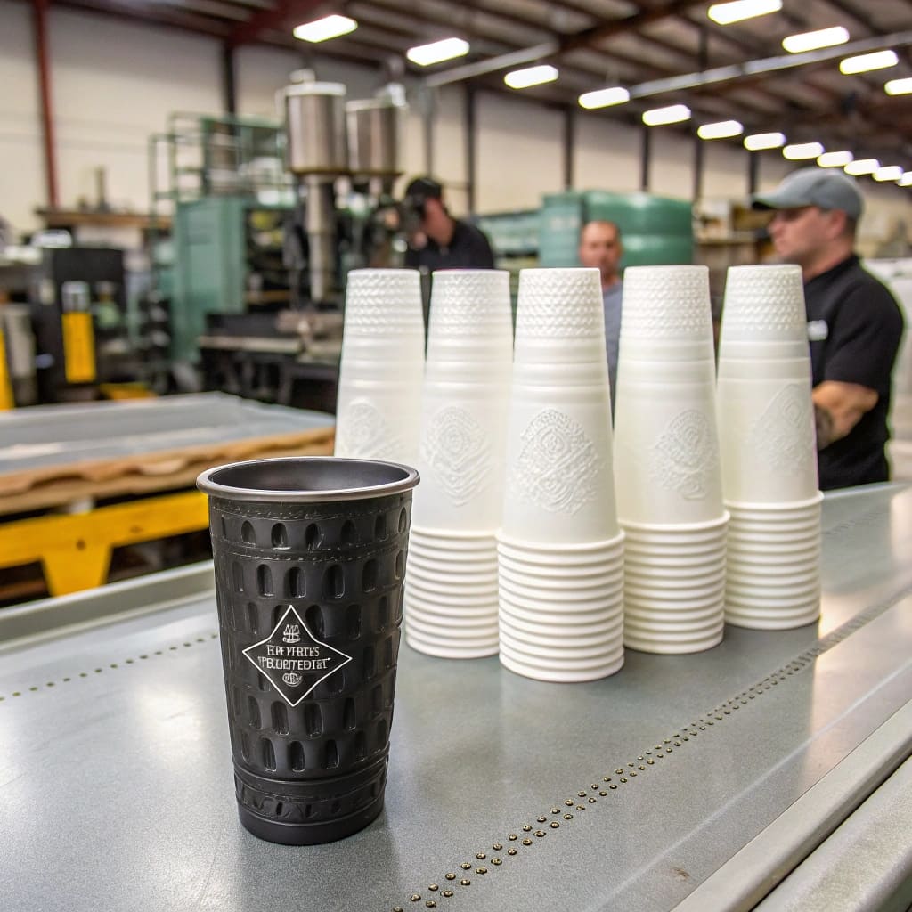 A factory floor with stacks of 12oz cups ready for shipping