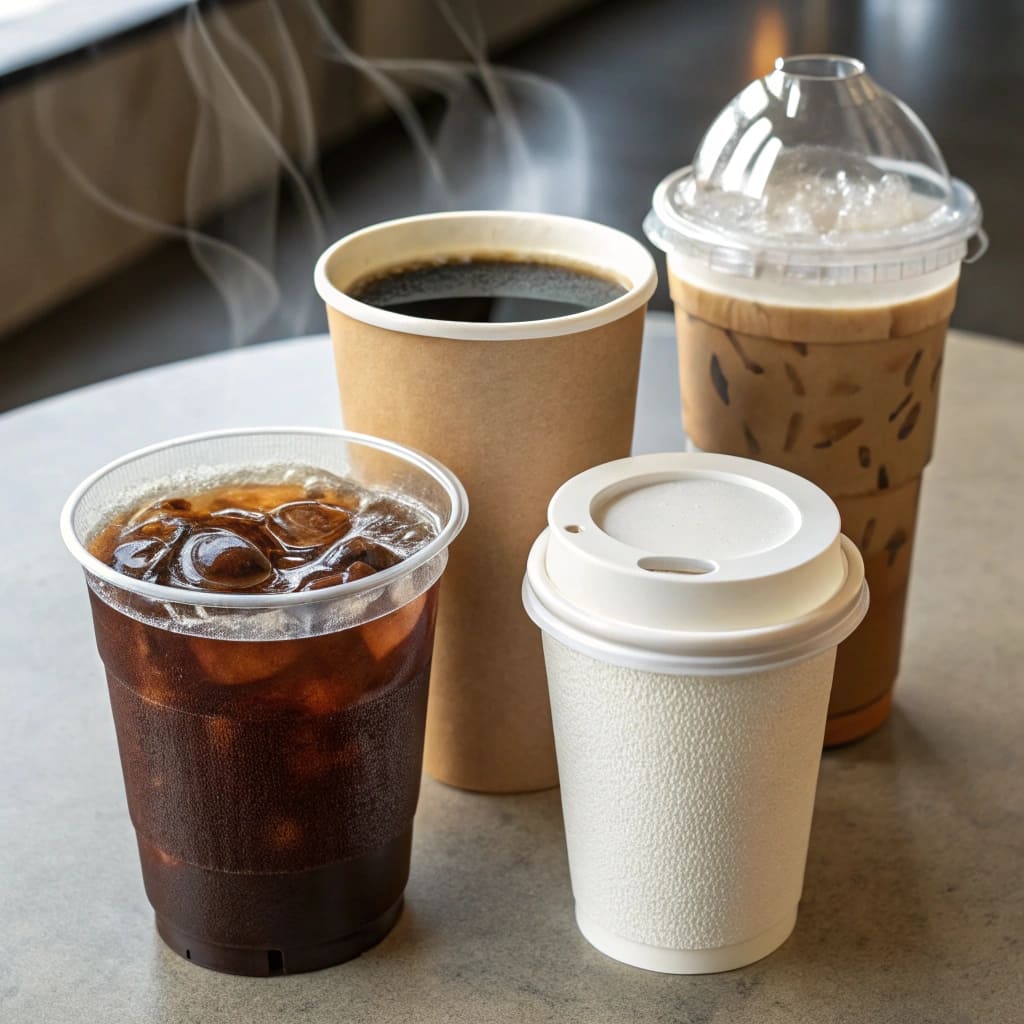 A hot paper coffee cup and a cold plastic coffee cup sit side by side