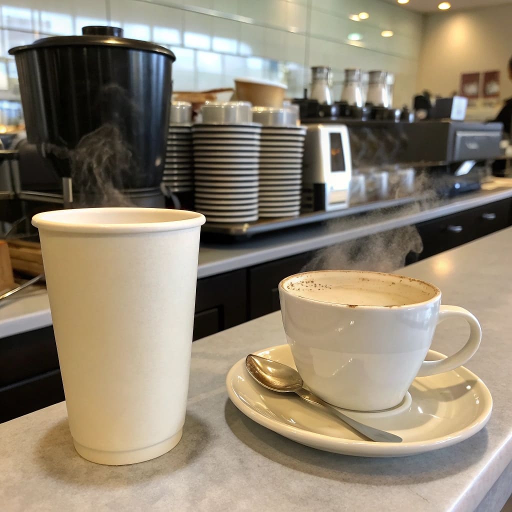 A hand holding a sturdy paper coffee cup with a lid