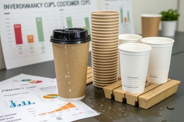Hidden Costs of Paper Cups A stack of plastic lids next to paper cups, illustrating an additional cost component