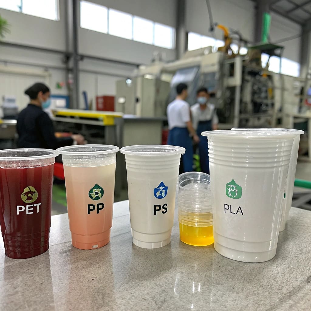 Raw Materials for Plastic Cups Four different types of plastic pellets: PET, PP, PS, and PLA