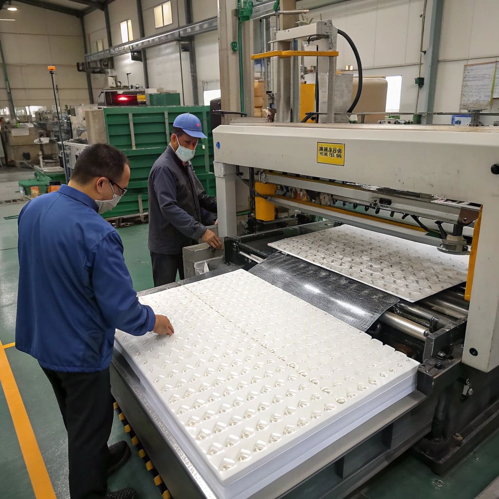 Plastic Sheet Extrusion and Thermoforming A long sheet of plastic being fed into a large industrial thermoforming machine